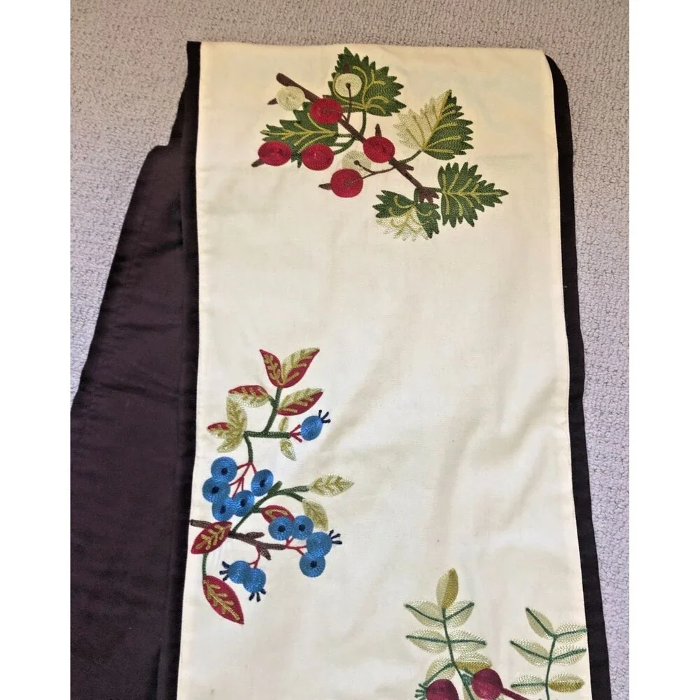 Williams Sonoma Table Runner Embroidered Floral Cotton Beige Brown India 16x90